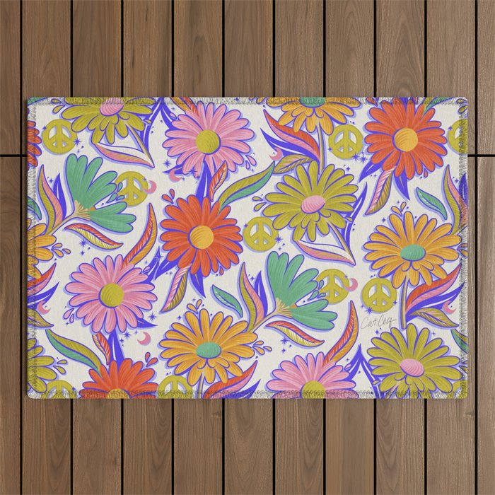 Drippy Daisy Dreamscape - Rainbow & Indigo on White Outdoor Rug Gallery Image 1