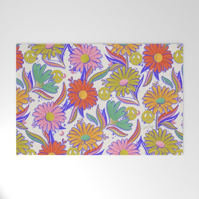 Drippy Daisy Dreamscape - Rainbow & Indigo on White Welcome Mat Gallery Image 1