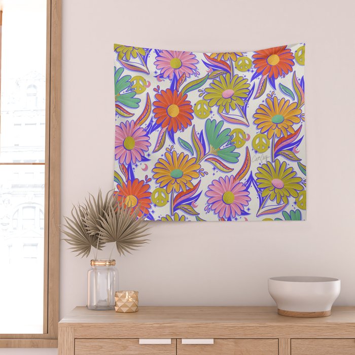 Drippy Daisy Dreamscape - Rainbow & Indigo on White Wall Tapestry Gallery Image 2