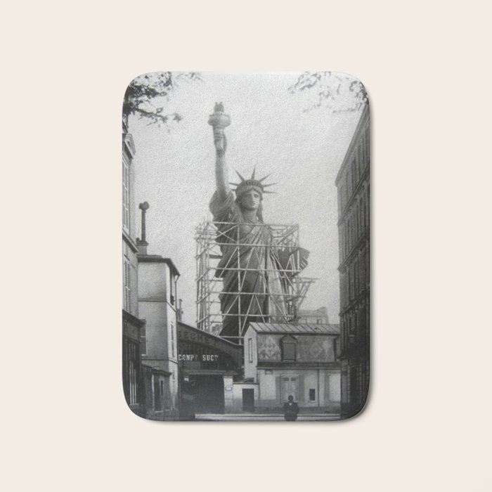 Piecing Together of the Architecture of the Statue Of Liberty In Paris, 1886 black and white photograph Bath Mat Gallery Image 1