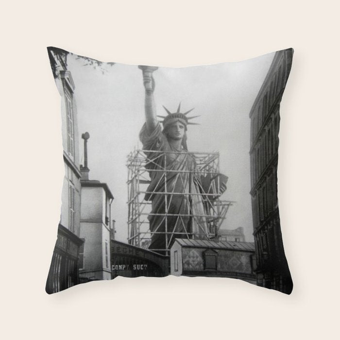 Piecing Together of the Architecture of the Statue Of Liberty In Paris, 1886 black and white photograph Throw Pillow Gallery Image 1