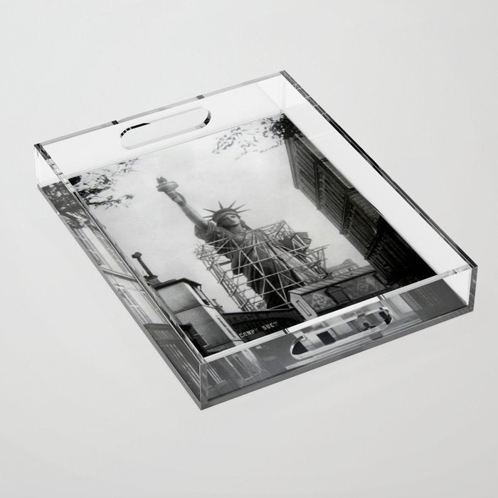 Piecing Together of the Architecture of the Statue Of Liberty In Paris, 1886 black and white photograph Acrylic Tray Gallery Image 1