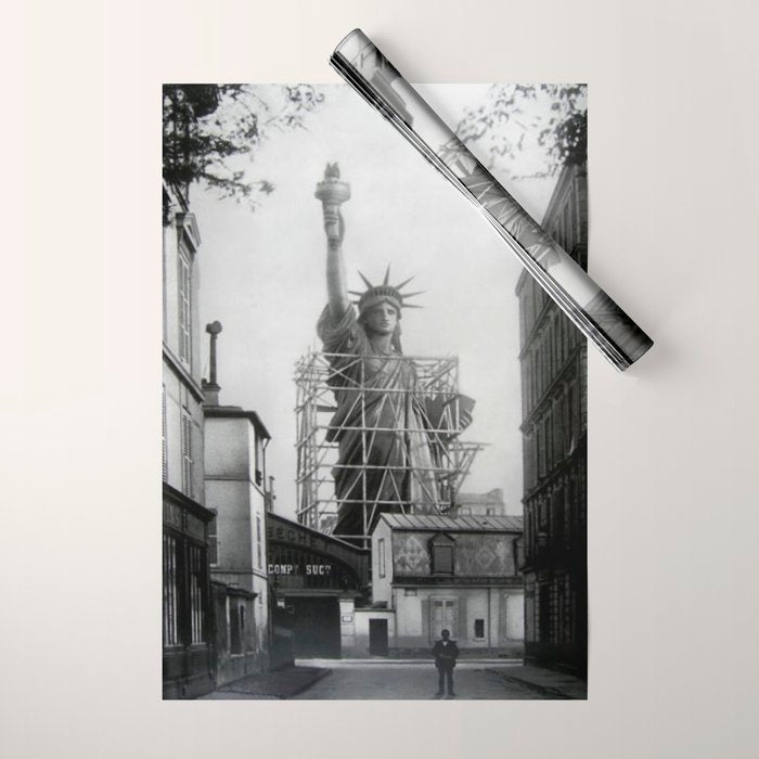 Piecing Together of the Architecture of the Statue Of Liberty In Paris, 1886 black and white photograph Wrapping Paper Gallery Image 1