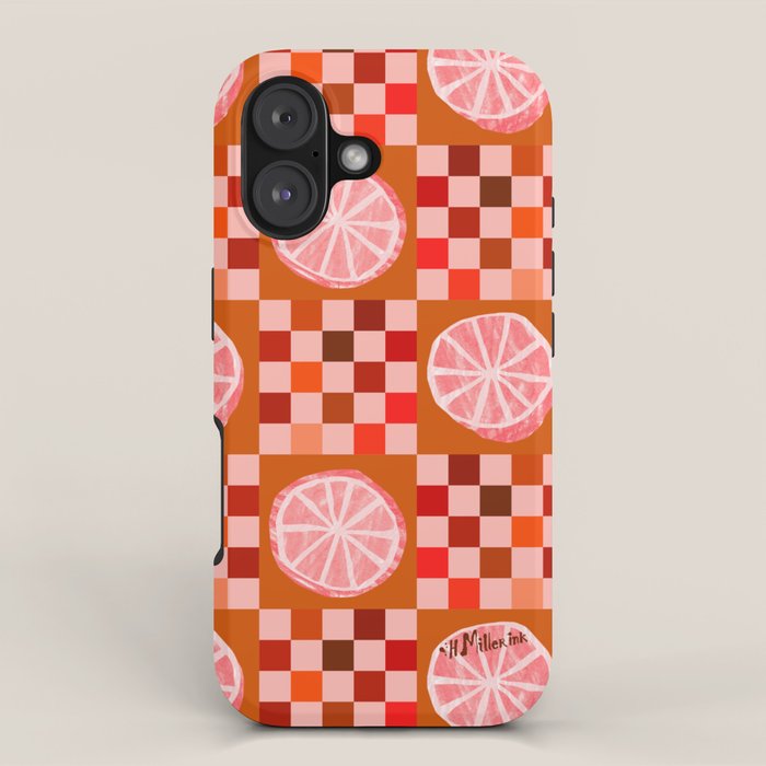 Checkered Sliced Citrus Fruit in Red & Peach Pink iPhone Case Gallery Image 1
