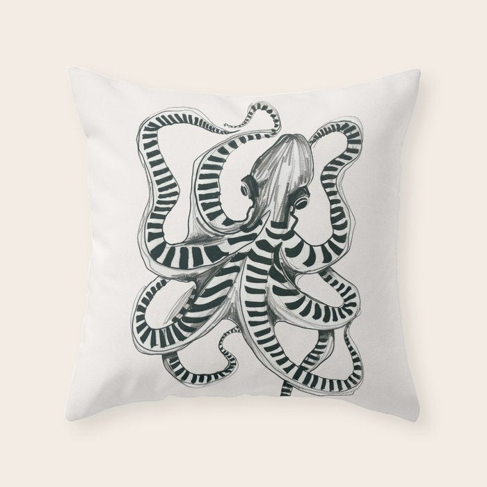 Striped Octopus Ink Drawing Throw Pillow Gallery Image 6