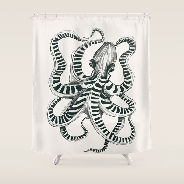 Striped Octopus Ink Drawing Shower Curtain Gallery Image 1