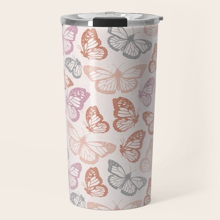 Orange & Pink Butterfly Pattern Travel Mug Gallery Image 1