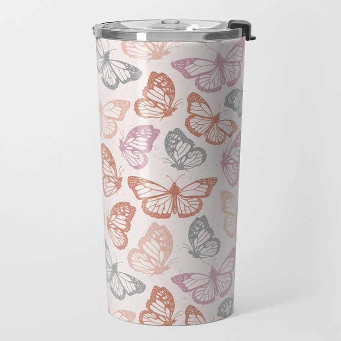 Orange & Pink Butterfly Pattern Travel Mug Gallery Image 2
