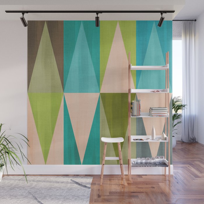 Mid Mod Diamond Pattern 3. textured Blue Green Wall Mural Gallery Image 1