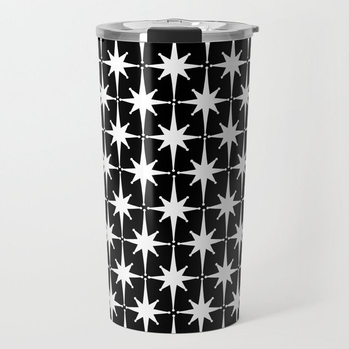 Atomic Age Retro Midcentury 1950s Starburst Pattern in White and Black Travel Mug Gallery Image 1