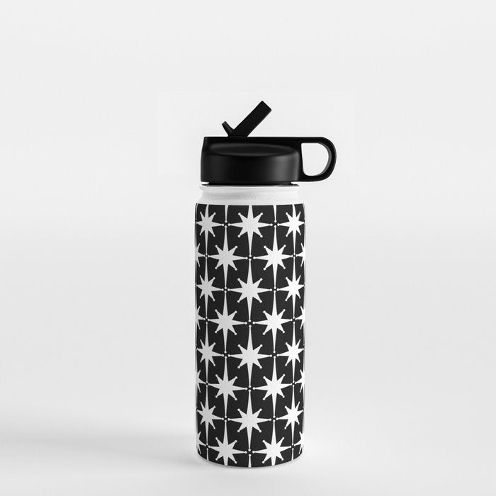 Atomic Age Retro Midcentury 1950s Starburst Pattern in White and Black Water Bottle Gallery Image 1