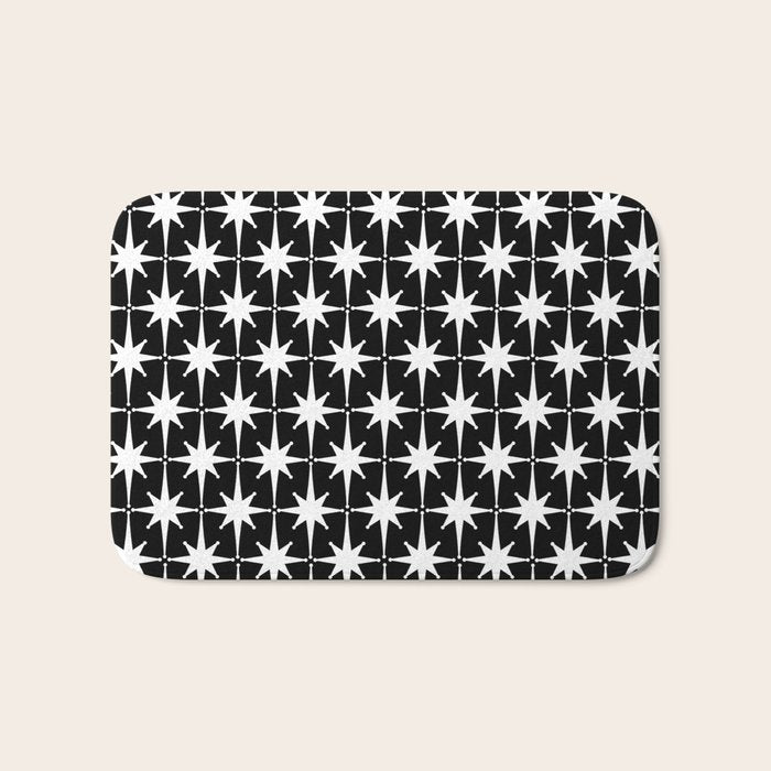 Atomic Age Retro Midcentury 1950s Starburst Pattern in White and Black Bath Mat Gallery Image 1
