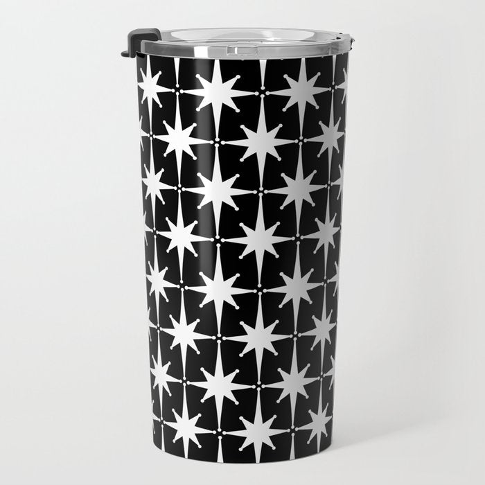Atomic Age Retro Midcentury 1950s Starburst Pattern in White and Black Travel Mug Gallery Image 3