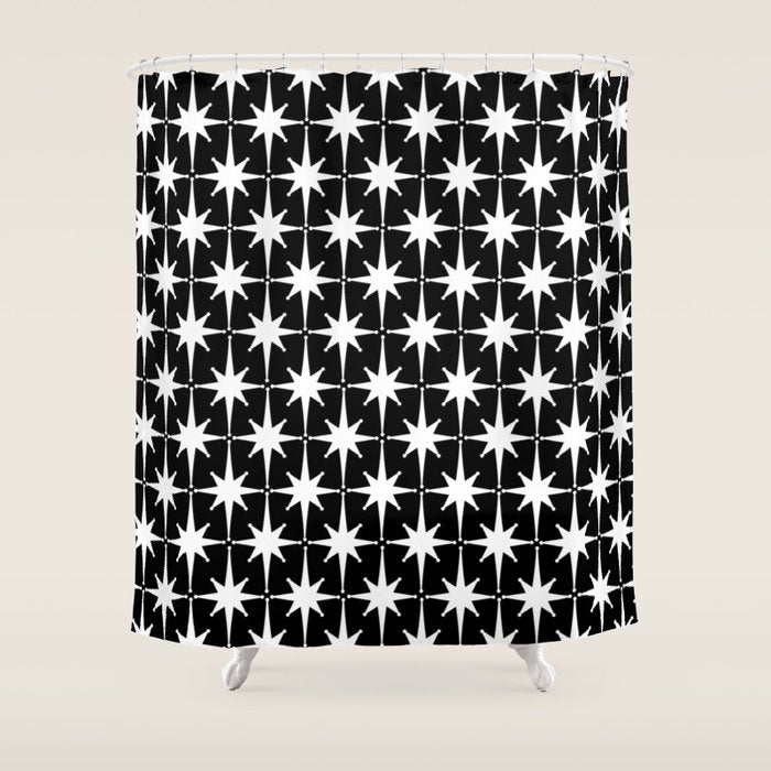 Atomic Age Retro Midcentury 1950s Starburst Pattern in White and Black Shower Curtain Gallery Image 1