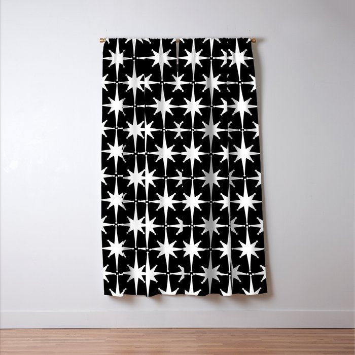 Atomic Age Retro Midcentury 1950s Starburst Pattern in White and Black Window Curtain Gallery Image 3