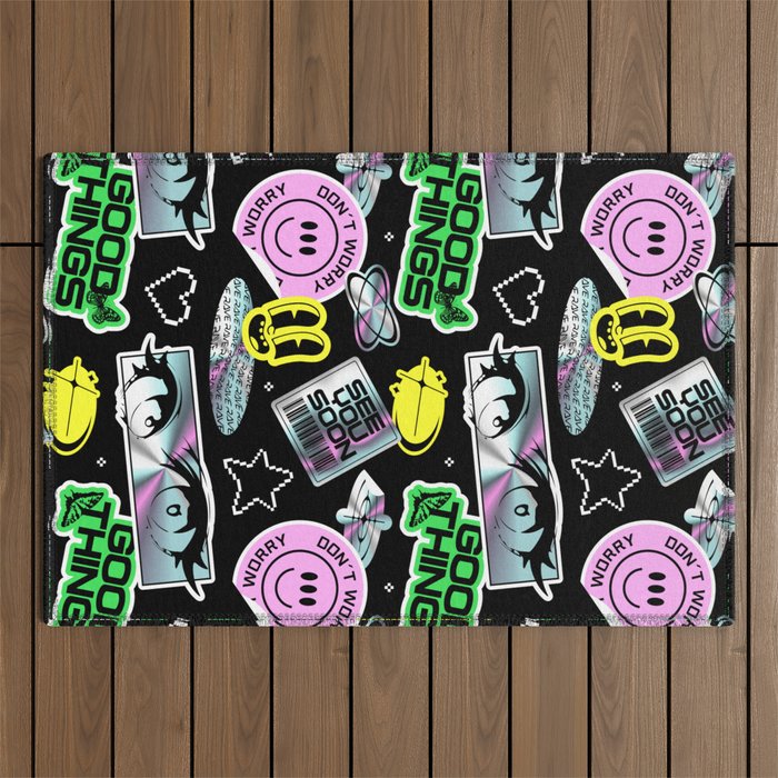 Retro holographic Y2K sticker pattern Outdoor Rug Gallery Image 1
