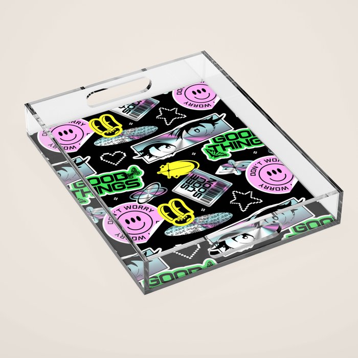 Retro holographic Y2K sticker pattern Acrylic Tray Gallery Image 1