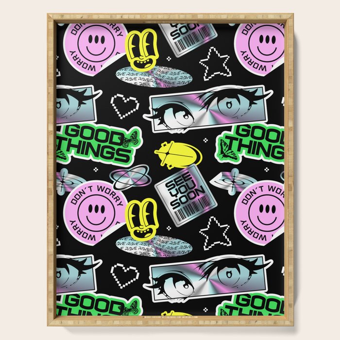 Retro holographic Y2K sticker pattern Serving Tray Gallery Image 1