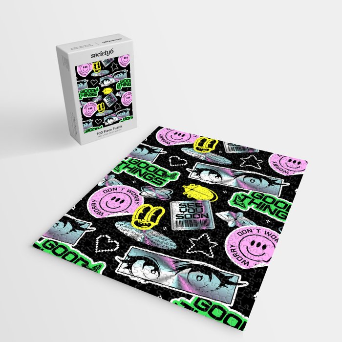 Retro holographic Y2K sticker pattern Jigsaw Puzzle Gallery Image 2