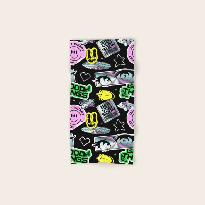 Retro holographic Y2K sticker pattern Bath Towel Gallery Image 1