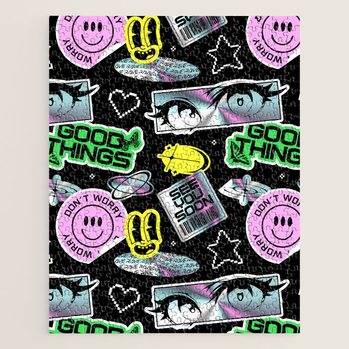 Retro holographic Y2K sticker pattern Jigsaw Puzzle Gallery Image 1