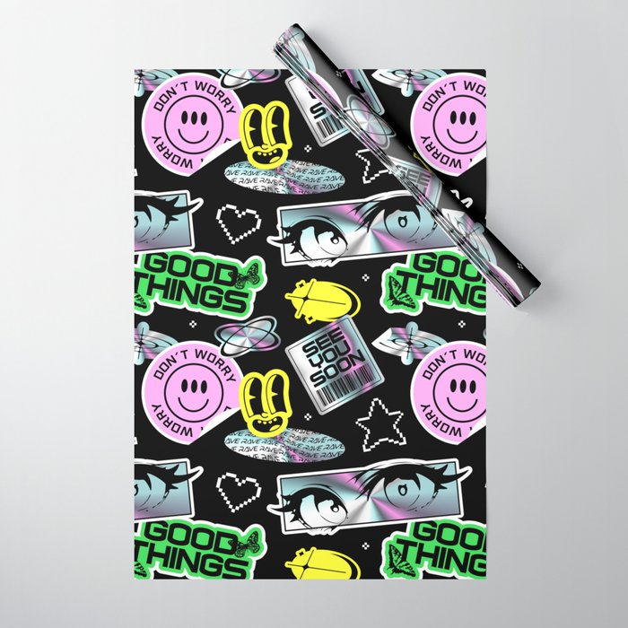 Retro holographic Y2K sticker pattern Wrapping Paper Gallery Image 1