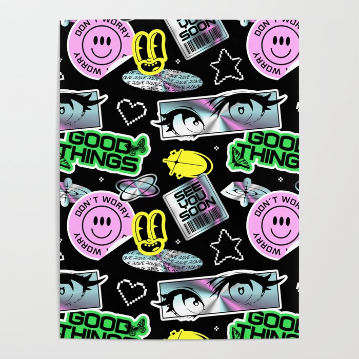 Retro holographic Y2K sticker pattern Poster Gallery Image 1