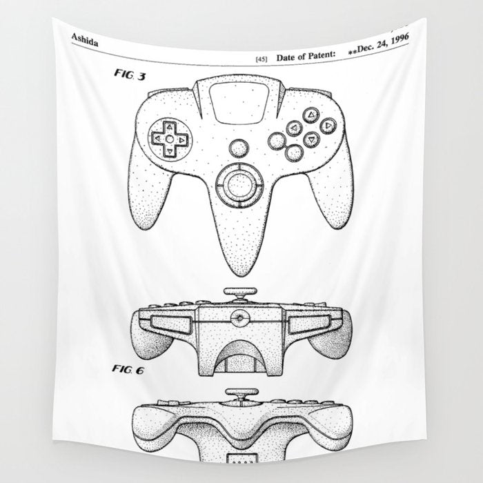 Video Game Controller Patent - Retro Gaming Game Room Art - White Wall Tapestry Gallery Image 1