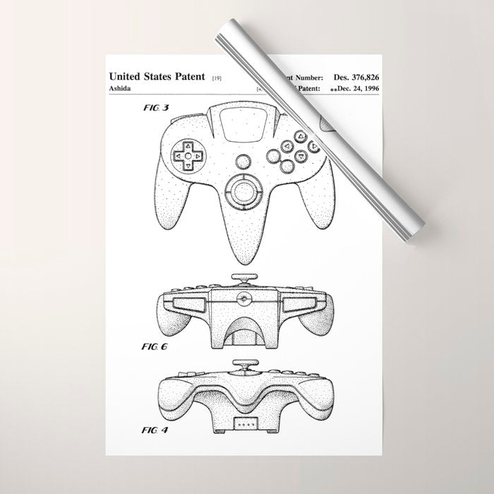 Video Game Controller Patent - Retro Gaming Game Room Art - White Wrapping Paper Gallery Image 1
