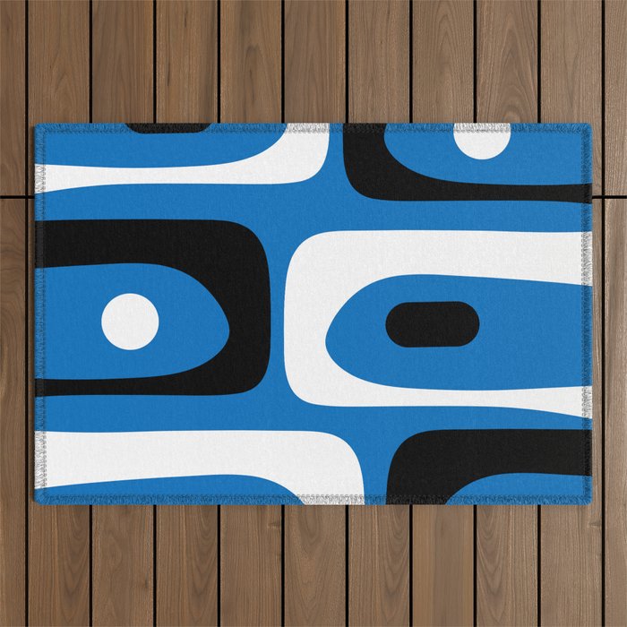 Mid Century Modern Abstract Retro Piquet Minimalist Pattern Blue Black White Outdoor Rug Gallery Image 1
