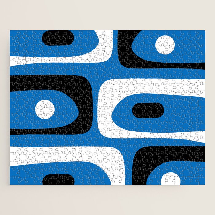Mid Century Modern Abstract Retro Piquet Minimalist Pattern Blue Black White Jigsaw Puzzle Gallery Image 1