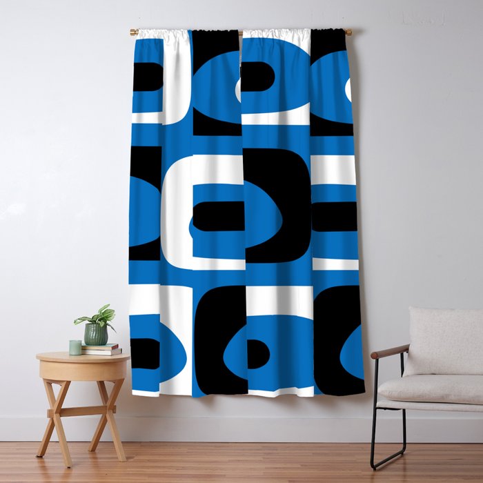 Mid Century Modern Abstract Retro Piquet Minimalist Pattern Blue Black White Window Curtain Gallery Image 1