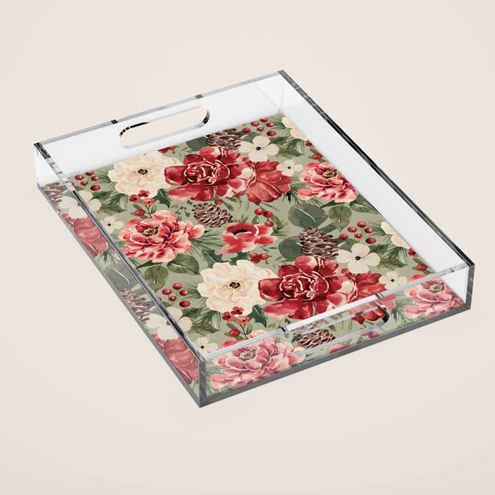 Vintage Christmas Floral on Sage Green Acrylic Tray Gallery Image 1