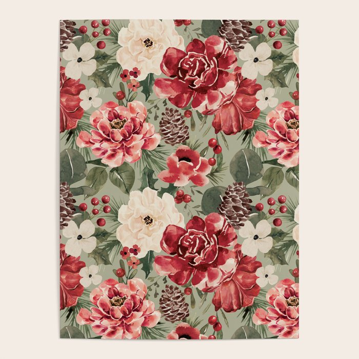 Vintage Christmas Floral on Sage Green Poster Gallery Image 4