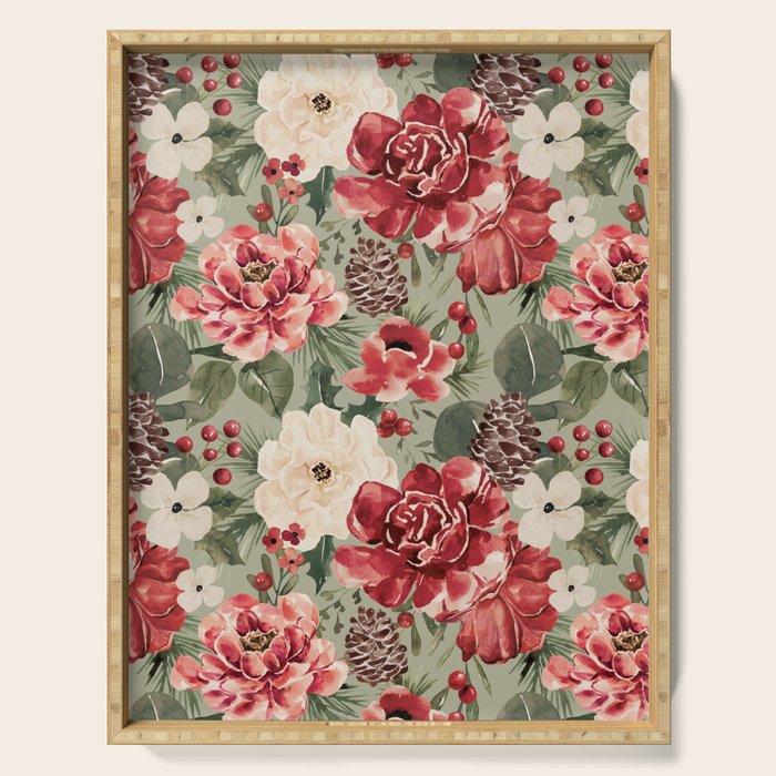 Vintage Christmas Floral on Sage Green Serving Tray Gallery Image 1