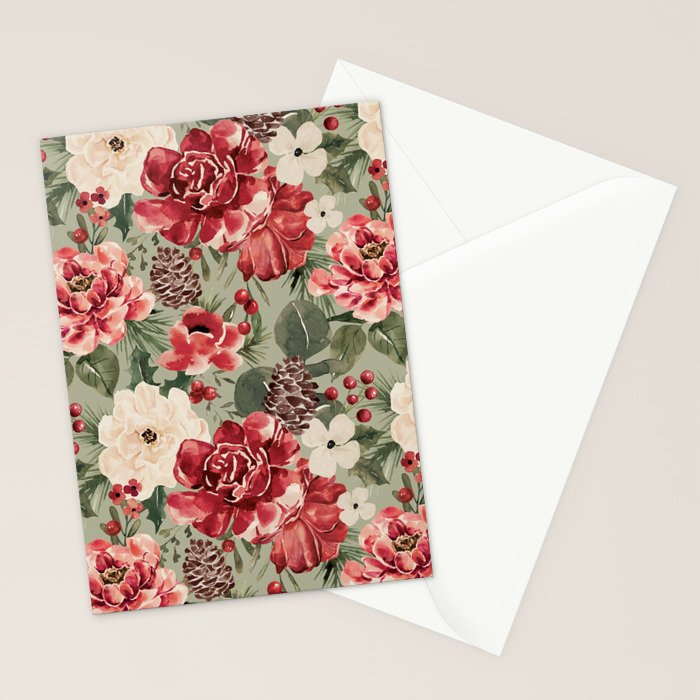 Vintage Christmas Floral on Sage Green Stationery Card Gallery Image 2