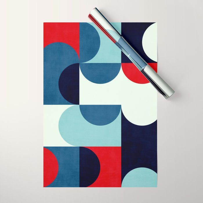 Blue Red White Navy MCM Modern Geometric Artwork Wrapping Paper Gallery Image 1