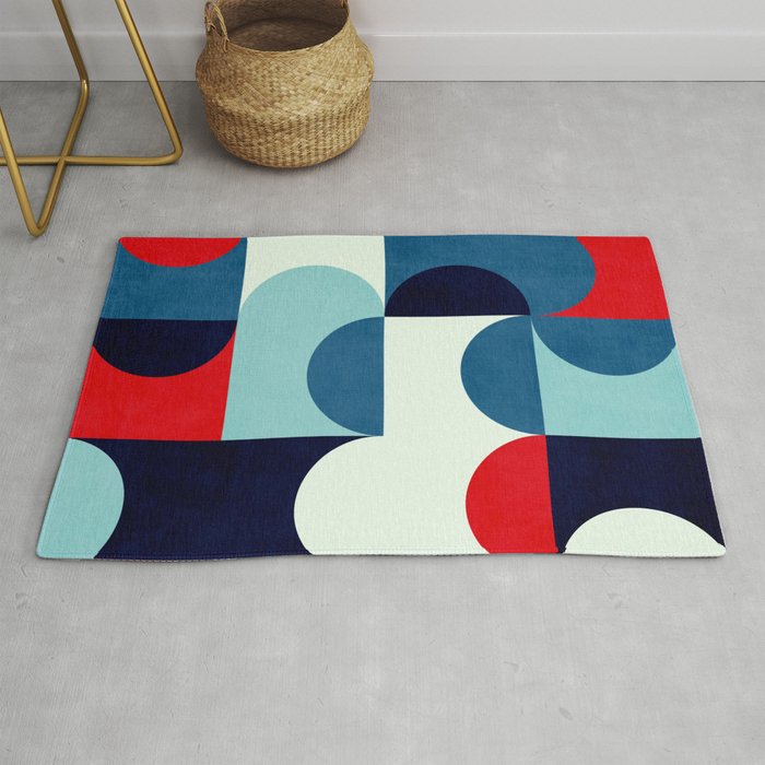 Blue Red White Navy MCM Modern Geometric Artwork Rug Gallery Image 1