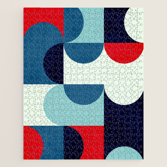 Blue Red White Navy MCM Modern Geometric Artwork Jigsaw Puzzle Gallery Image 1