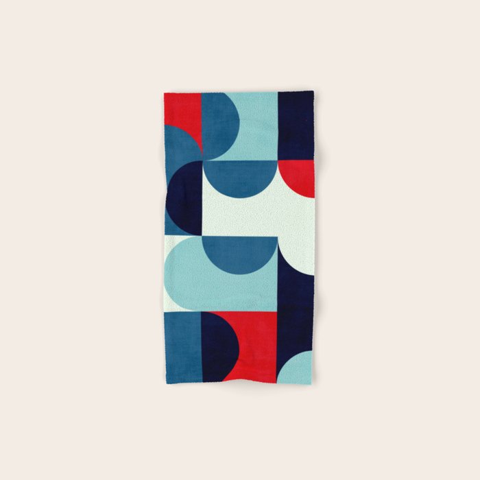 Blue Red White Navy MCM Modern Geometric Artwork Bath Towel Gallery Image 1