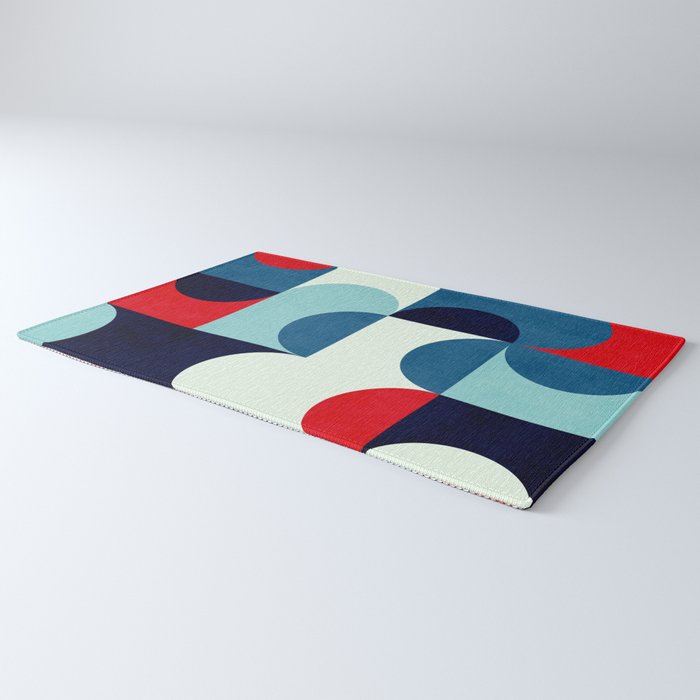 Blue Red White Navy MCM Modern Geometric Artwork Rug Gallery Image 3