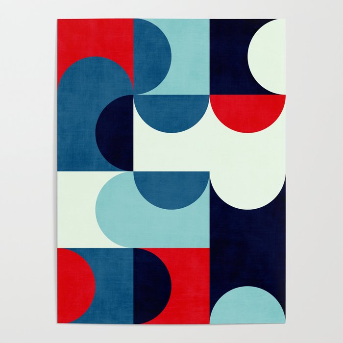 Blue Red White Navy MCM Modern Geometric Artwork Poster Gallery Image 1