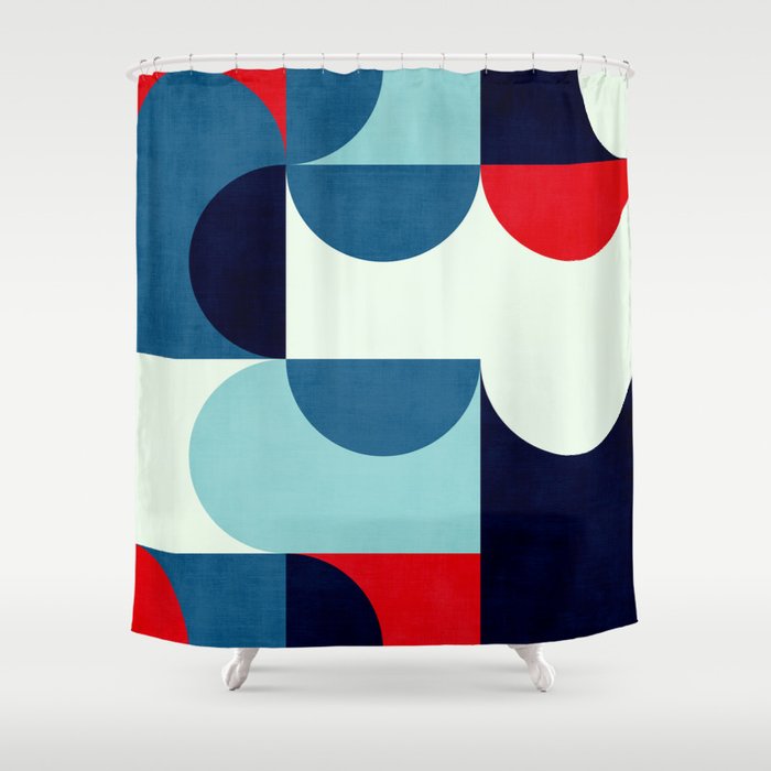 Blue Red White Navy MCM Modern Geometric Artwork Shower Curtain Gallery Image 1