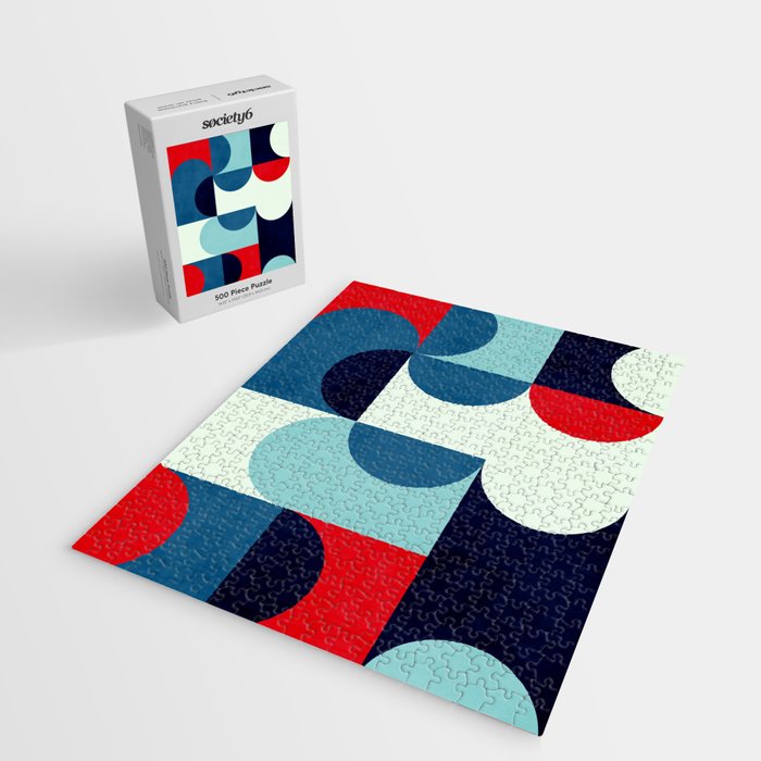 Blue Red White Navy MCM Modern Geometric Artwork Jigsaw Puzzle Gallery Image 2