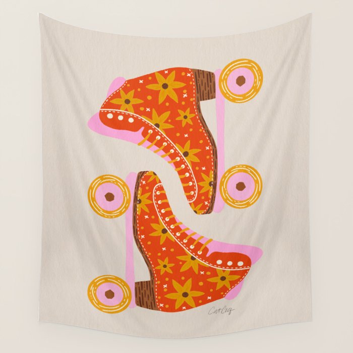 Retro Roller Skates - Coral Wall Tapestry Gallery Image 1