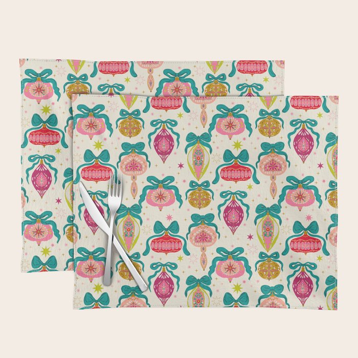 Retro Christmas Ornaments with Bow and Stars Holiday Pattern Placemat Gallery Image 1