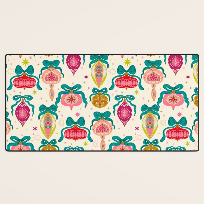 Retro Christmas Ornaments with Bow and Stars Holiday Pattern Desk Mat Gallery Image 3