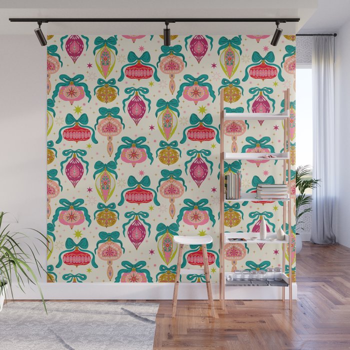 Retro Christmas Ornaments with Bow and Stars Holiday Pattern Wall Mural Gallery Image 1