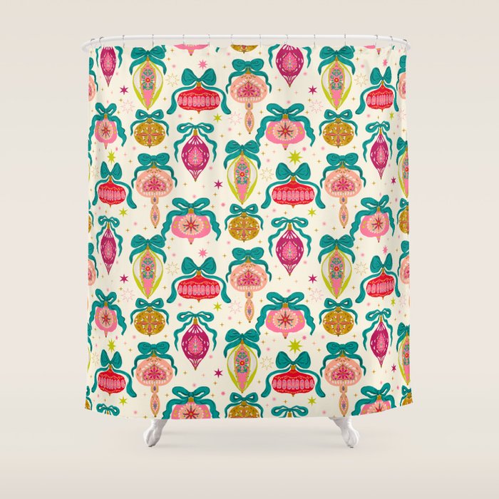 Retro Christmas Ornaments with Bow and Stars Holiday Pattern Shower Curtain Gallery Image 1