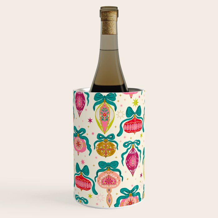 Retro Christmas Ornaments with Bow and Stars Holiday Pattern Wine Chiller Gallery Image 1